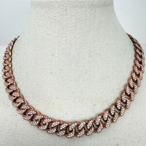 Chunky Cuban Link Necklace Rhinestone Rose Gold Tone‎ Crystal Thick